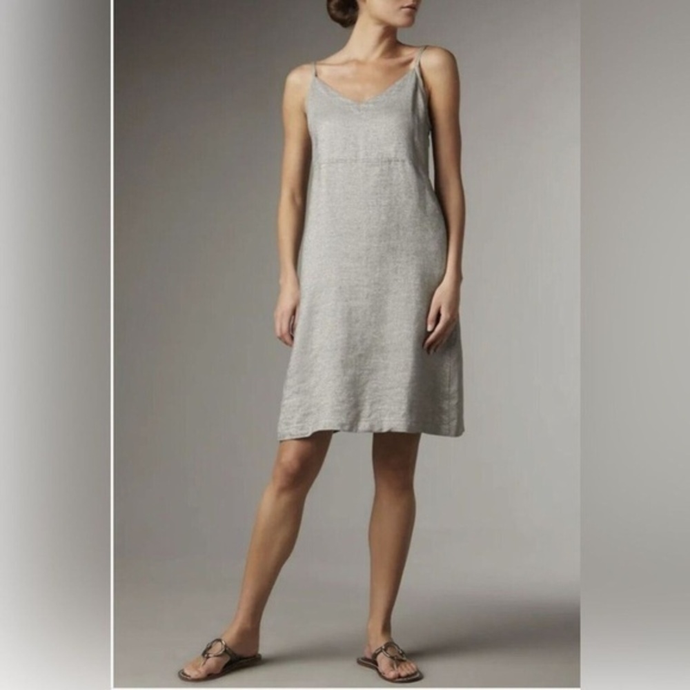 Eileen Fisher Dress Silver Metallic Linen Strappy jumper knee length adjustable